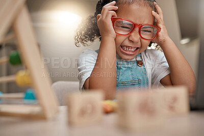 Buy stock photo Student, frustrated and learning with education and headache, young child with anxiety, mental health and academic stress. Home school, e learning and study burnout with primary school learner.