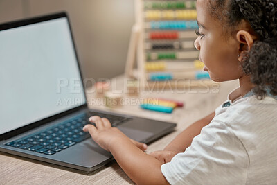 Buy stock photo Girl learning, home and laptop for study, e-learning or video education at desk with in house. African female, child student and computer with tech, web or app in home school, development or studying