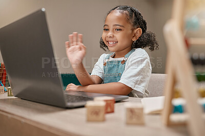 Buy stock photo Child, waving or laptop video call for homeschool education, e learning support or lockdown class in house or home living room. Smile, happy or greeting hand gesture for student on technology webinar