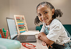 E learning, portrait and child with mockup laptop for covid distance education, youth development or online home school. Elearning, mock up screen or African student girl study with math software app