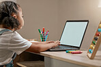 Online education, laptop screen and child with math e learning, school website or kids software for home knowledge marketing or advertising. PC computer, internet search and kindergarten girl at desk