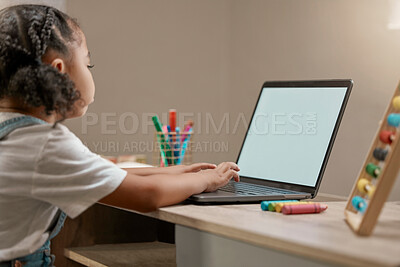 Buy stock photo Online education, laptop screen and child with math e learning, school website or kids software for home knowledge marketing or advertising. PC computer, internet search and kindergarten girl at desk