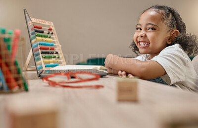 Buy stock photo Education, happy or girl excited for learning, knowledge or child development as a young creative school student. Smile, portrait or relaxed African kid reading story books with freedom for homework