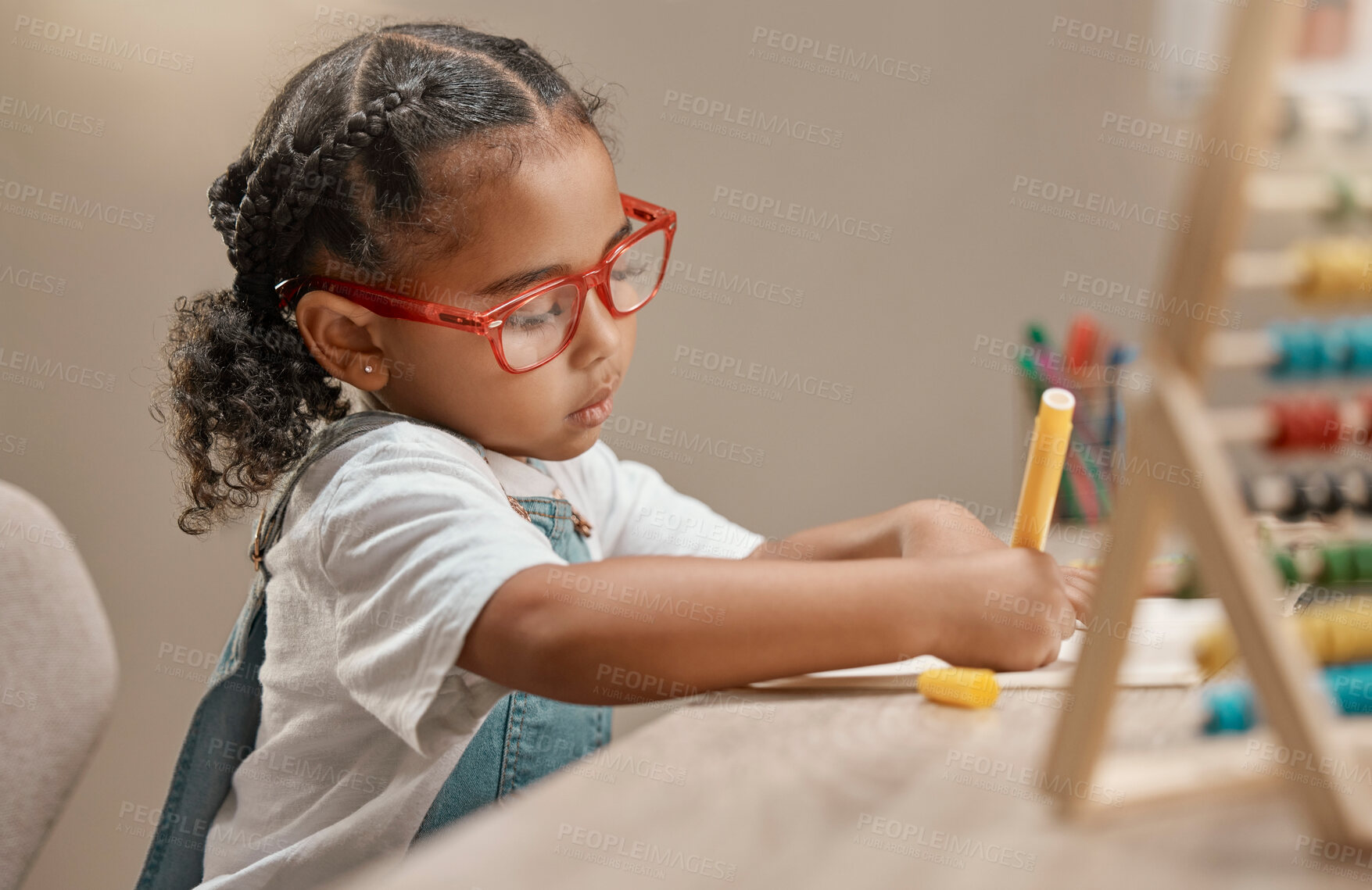 Buy stock photo Home learning, education and girl in kindergarten studying math and knowledge development. House, student and assessment focus and writing of a child working on numbers for a study test  at a desk