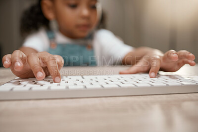 Buy stock photo Hands, keyboard and education with a student girl typing while remote or distance learning from home. Laptop, study and kids with a female child in her house for learning, studying or development