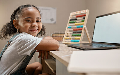Buy stock photo Laptop, mockup or girl learning math at home via elearning or online class for numbers education or knowledge. Happy, portrait or child studying for assessment test on pc screen with marketing space