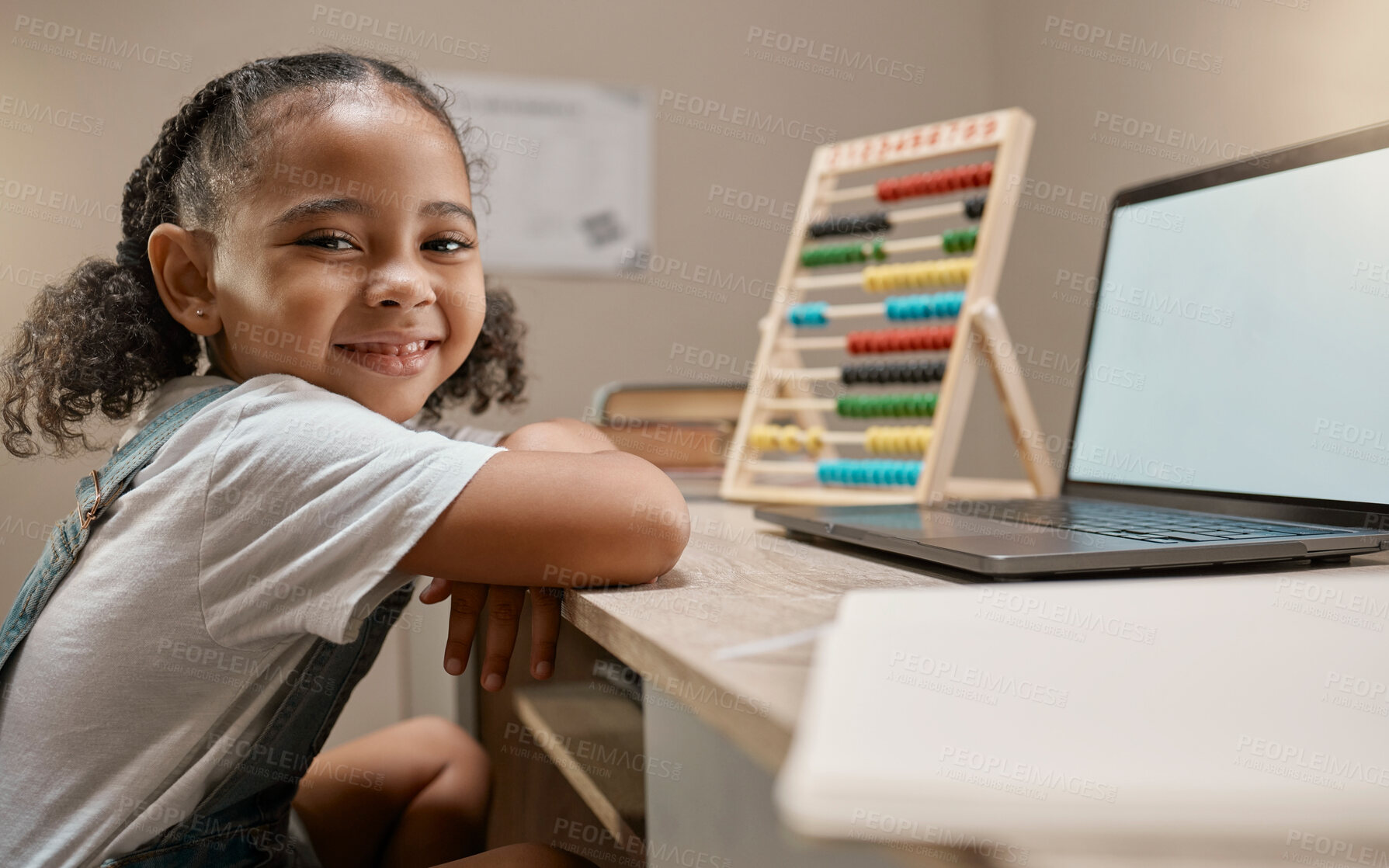 Buy stock photo Laptop, mockup or girl learning math at home via elearning or online class for numbers education or knowledge. Happy, portrait or child studying for assessment test on pc screen with marketing space