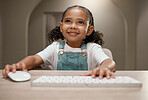 Online education, elearning and girl on computer with a smile ready for digital knowledge. Web learning, kindergarten development and kid on online course training and learning on the internet 