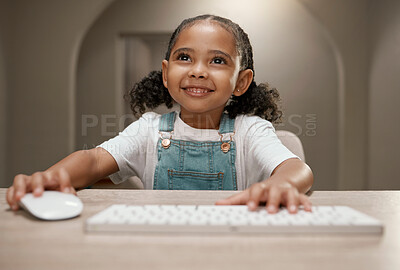 Buy stock photo Online education, elearning and girl on computer with a smile ready for digital knowledge. Web learning, kindergarten development and kid on online course training and learning on the internet 