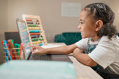 Buy stock photo Home learning, online education and girl with happiness studying math on a digital computer app. School study, smile and kid on technology working on knowledge development on a pc in a house
