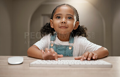 Buy stock photo Child, internet and keyboard with a girl browsing online to learn and gain knowledge or education. Lesson, kid and computer with children distance learning from home for school assignment 