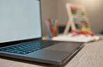 Laptop screen, online and mockup space, elearning and logo branding on table for homeschool, homework and study. Pc, technology and e learning, education and abacus toy on desk in room with zoom