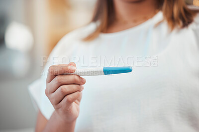 Buy stock photo Woman hands pregnancy test and reading for results, information or notification for baby in home. Girl, test and reading for pregnant, mother or family goal in house with blurred background in Dallas