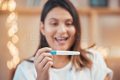 Buy stock photo Pregnancy test, excited and face of a woman reading results, wow smile and hand with surprise in a house. Happy, pregnant and mother with a test for pregnancy, good news and happiness in a home