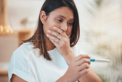 Buy stock photo Wow, surprise and woman with pregnant test shocked with  positive maternity kit result stick in home. Thinking, anxiety and future mother holding pregnancy test worried, pondering and stressed.