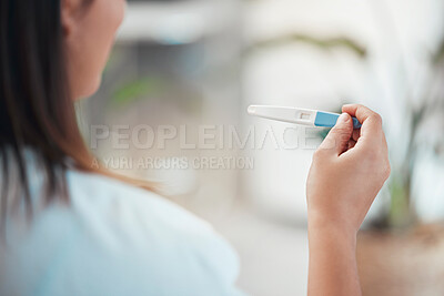 Buy stock photo Woman, hands and pregnancy test with results, information and blank at home. Closeup girl check infertility with stick for maternity, family planning and ovulation ovulation from ivf for healthcare 