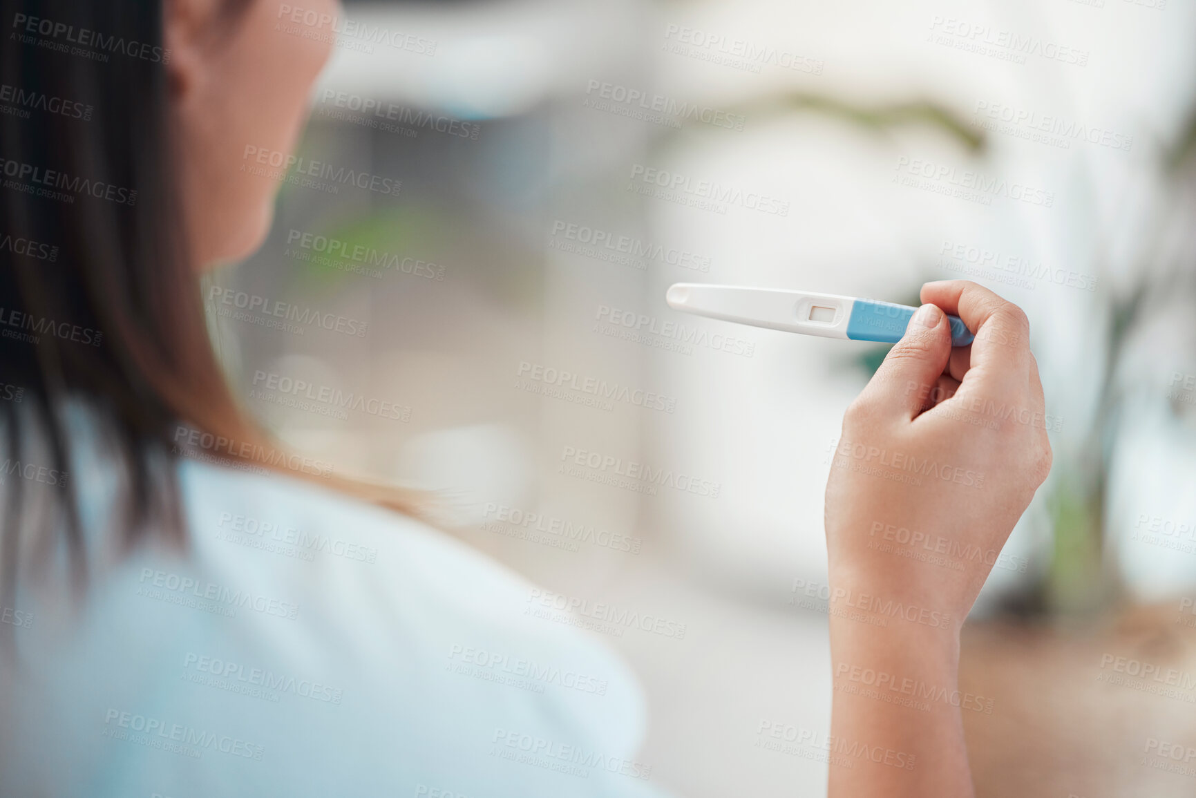 Buy stock photo Woman, hands and pregnancy test with results, information and blank at home. Closeup girl check infertility with stick for maternity, family planning and ovulation ovulation from ivf for healthcare 