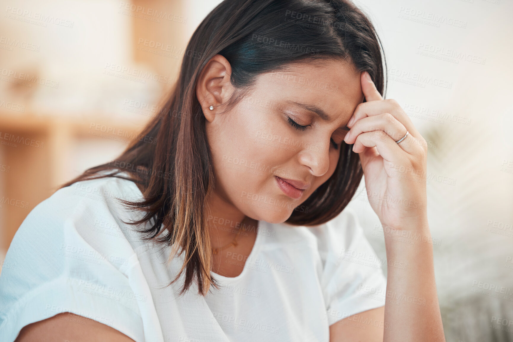 Buy stock photo Woman, stress and headache about business fail while struggling with mental health and exhaustion. Migraine, deadline and stressed entrepreneur feeling overworked and stressed out in the workplace