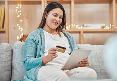 Buy stock photo Ecommerce, credit card and pregnant woman with tablet on sofa using internet wifi connection, electronic payment and online shopping. Digital retail, banking in living room and spend money at home 
