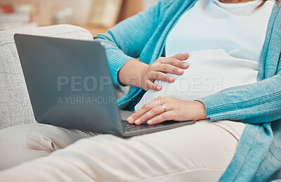 Buy stock photo Pregnant, woman and laptop for online medical research to prepare for motherhood and being a parent. Computer, mum and pregnancy with a female searching for child advice during maternity leave