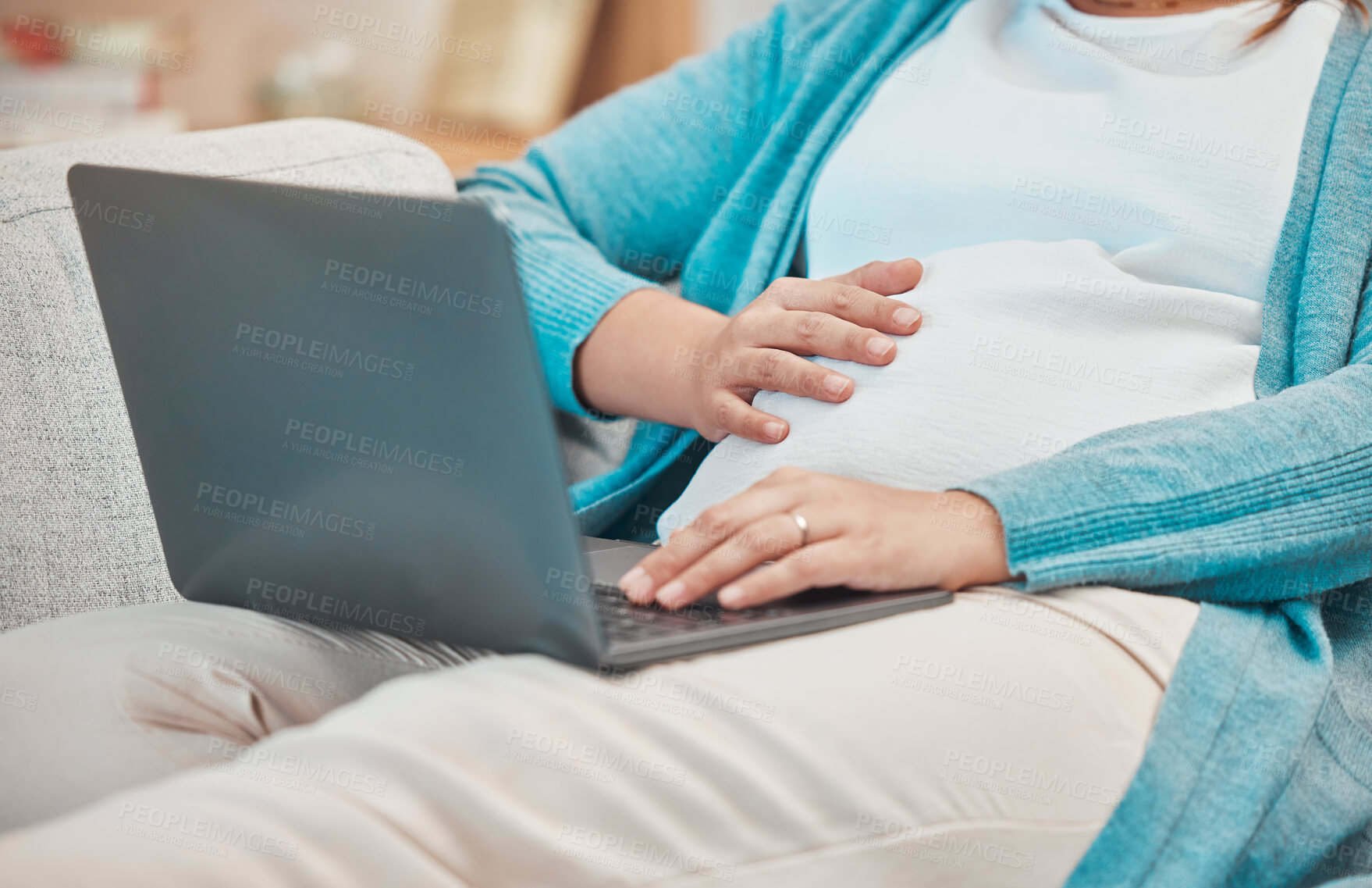 Buy stock photo Pregnant, woman and laptop for online medical research to prepare for motherhood and being a parent. Computer, mum and pregnancy with a female searching for child advice during maternity leave