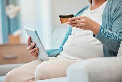 Buy stock photo Pregnant woman, tablet and credit card for ecommerce, online shopping and payment on internet store on home sofa. Female with technology for banking, savings and future with insurance in pregnancy