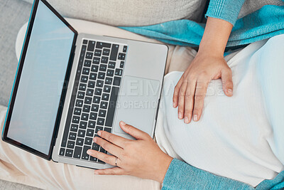 Buy stock photo Laptop, pregnant woman and relax on sofa for pregnancy research, search website or motherhood planning on digital tech in home. New mom, child and prenatal support online or learning childcare on web