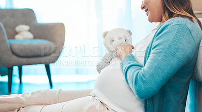 Buy stock photo Relax, happy and pregnant woman with teddy bear in baby nursery excited for motherhood. Pregnancy belly of girl resting on floor in home with smile holding fluffy toy for future child.

