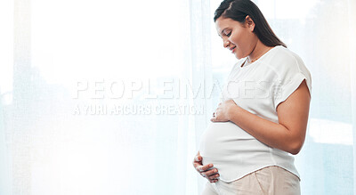 Buy stock photo Pregnant woman, stomach and mockup space of mother excited for her future baby. Pregnancy, wellness and healthy maternity of happy lady, abdomen and body for fertility, birth and medical gynecology 