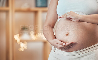 Buy stock photo Pregnant, stomach and woman frame her belly in maternity ready for motherhood to be a parent. Motherhood, abdomen and pregnancy with a female ready to have a family and babies at home 