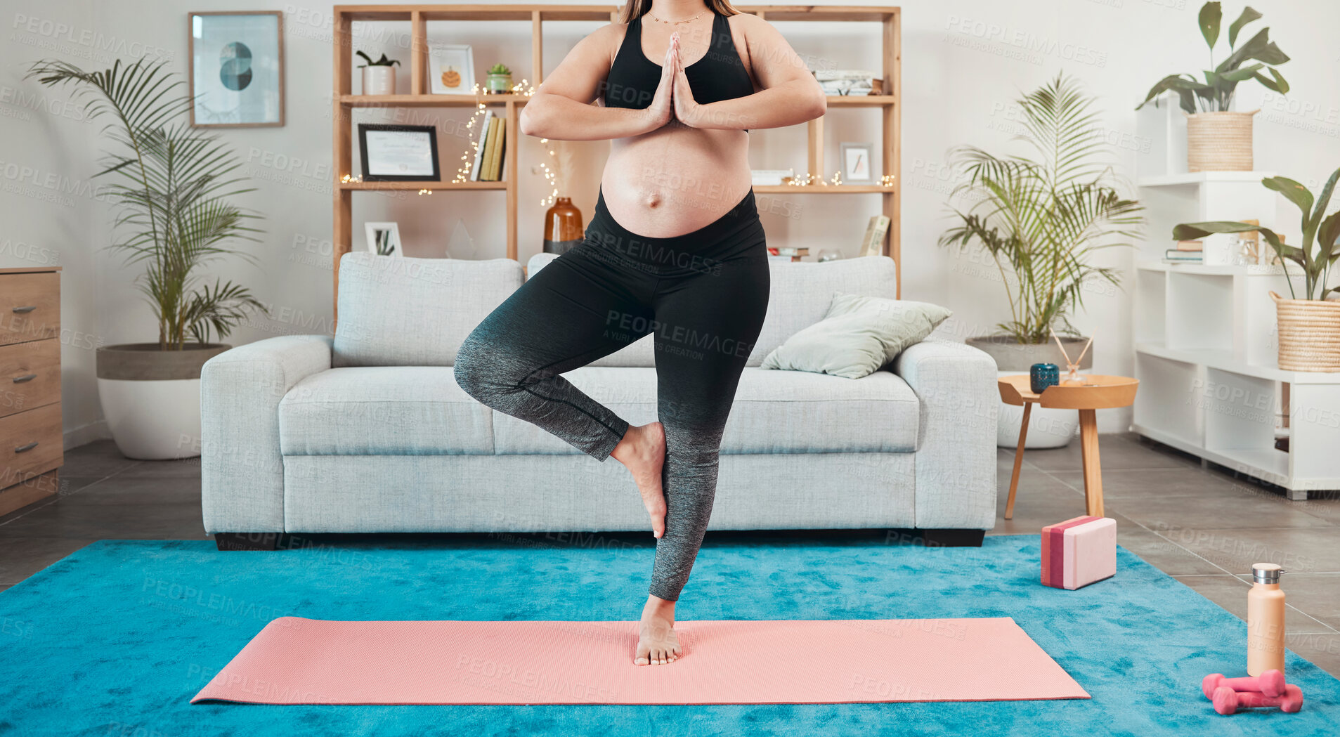 Buy stock photo Yoga, pregnant woman and meditation in living room, workout and fitness. Pregnancy, healthy female and lady with peace, zen and calm to relax, health and training in lounge, wellness and exercise. 