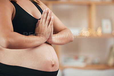 Buy stock photo Yoga, praying and stomach of pregnant woman with fitness, healing and health for wellness lifestyle, spa and peace hands. Prayer, meditate and calm pregnancy with abdomen for spiritual and meditation