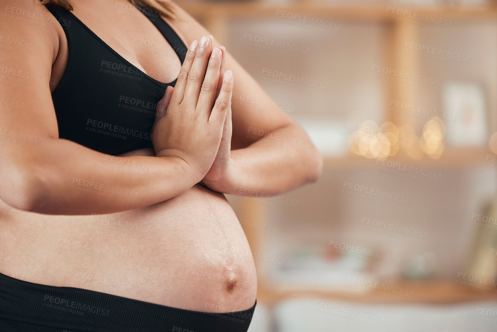 Buy stock photo Yoga, praying and stomach of pregnant woman with fitness, healing and health for wellness lifestyle, spa and peace hands. Prayer, meditate and calm pregnancy with abdomen for spiritual and meditation