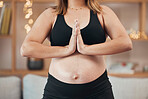 Meditation, yoga and pregnant woman in spa for fitness wellness, healthcare of body or stomach development, growth and healing. Pregnancy, self love and woman prayer hands meditate for holistic care