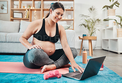 Buy stock photo Pregnant woman, laptop and home workout with yoga tutorial while streaming online for exercise, fitness and pilates for health and wellness. Female on internet for virtual pregnancy class or webinar