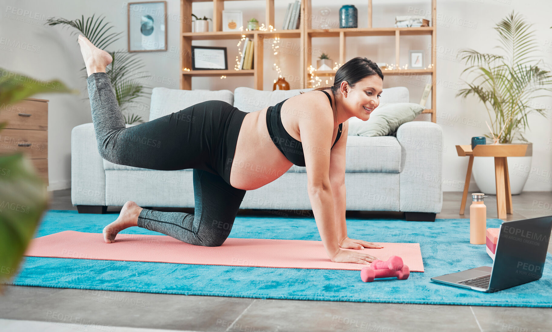 Buy stock photo Yoga, pregnant woman and meditation with laptop, online class and lounge for wellness or fitness. Pregnancy, device or lady with peace, zen or calm to relax, tutorial or workout for exercise or smile