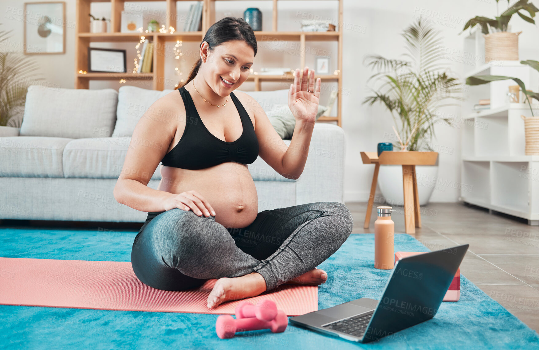 Buy stock photo Yoga, pregnant woman and meditation with laptop, online class and video call for wellness and health. Pregnancy, pc and calm lady with zen, exercise and tutorial to relax, workout and peace in lounge