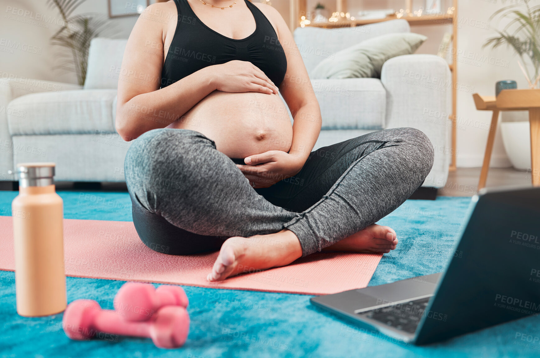 Buy stock photo Laptop, pregnant woman and yoga or pilates in living room, motivation for fitness and health from home. Exercise, wellness and zen, online yoga class for woman during pregnancy, safe workout to relax