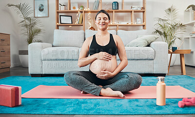 Buy stock photo Pregnant, woman and workout for fitness, strength and training for flexibility at home with smile. Stomach, pregnancy and wellness with a mother exercise with pilates for health and relaxation