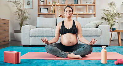 Buy stock photo Pregnant woman, yoga and medication on home floor for balance, mental health and mindfulness for health and wellness with lotus exercise workout. Female meditate for zen, peace and calm in pregnancy