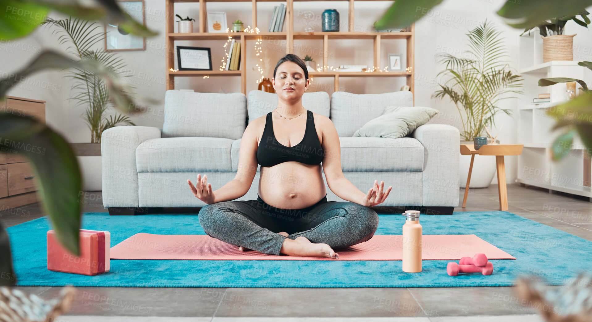 Buy stock photo Pregnancy, pregnant woman yoga and wellness meditation exercise for pain relief, mental focus and spiritual zen healing. Indian woman , prenatal pilates and fitness health workout in home living room