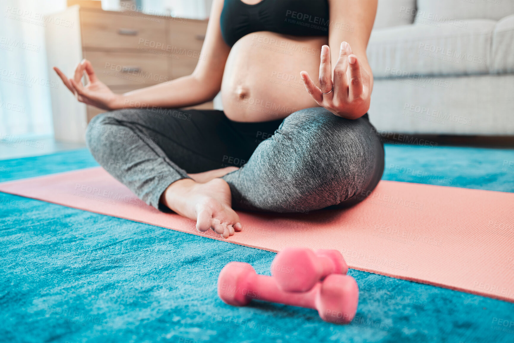 Buy stock photo Yoga, pregnant woman and meditation in living room, wellness or health. Pregnancy, female or lady with peace, zen and calm to relax, fitness and training in lounge with dumbbells, workout or exercise