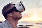 VR, beach and metaverse with a man outdoor in a nature using a wireless headset to access the internet. Future, virtual reality and ai with a male user by the sea or ocean with cyber technology