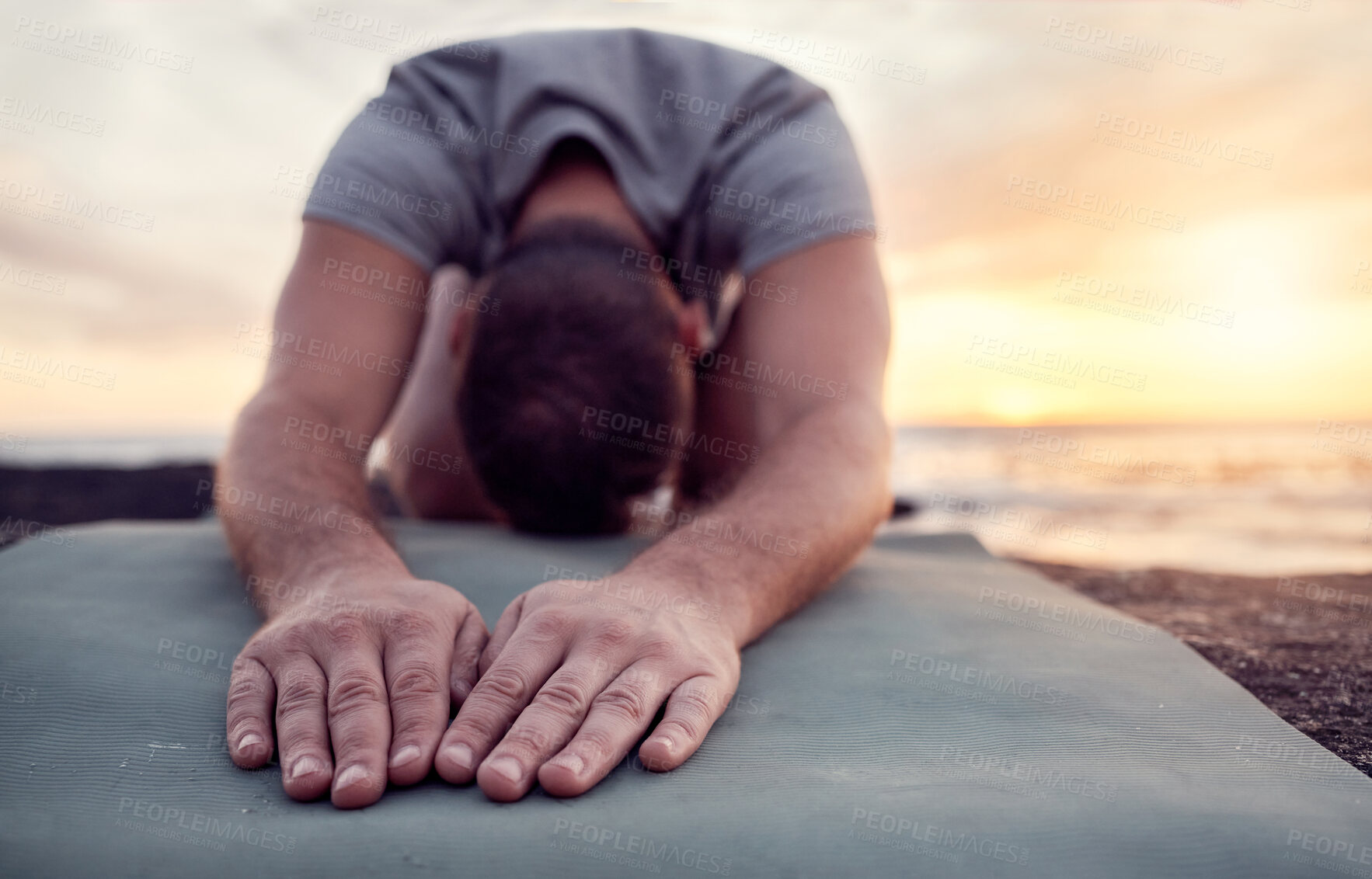 Buy stock photo Man hands, meditation and yoga at the beach, peace and zen with spiritual healing and energy balance with exercise outdoor. Fitness, mindfulness and calm with wellness at sunrise, nature and prayer.