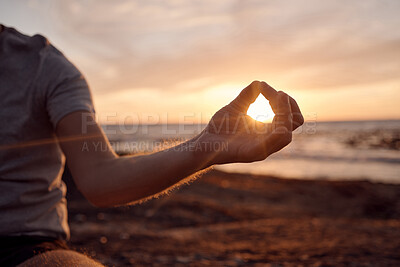 Buy stock photo Beach meditation, sunset and hands of man meditate for peace, freedom and chakra energy healing of soul aura. Sun flare, lotus and spiritual yogi relax at ocean sea for zen mindset and mindfulness