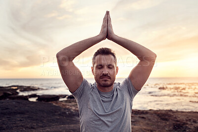 Buy stock photo Zen man, beach meditation and sunset for peace, wellness or healthy mindset by waves in summer. Yoga, prayer hands pose or mindfulness by ocean, sunshine or relax for chakra energy balance in Hawaii