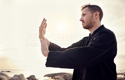 Buy stock photo Man, hands or relax tai chi on sunset beach in fitness, workout or training in mental health, chakra energy or mind balance. Zen, martial arts or person by ocean sea, nature water or sunrise exercise