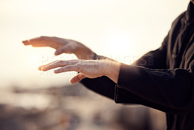 Buy stock photo Man, hands or tai chi fitness on sunset beach in relax workout, training or exercise for chakra energy, mental health or body movement routine. Zoom, zen or martial arts person in nature sunrise yoga