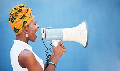 Buy stock photo Black woman, megaphone and free space for freedom of speech, justice and equality on blue background for change, motivation and announcement. African female with microphone for protest or broadcast