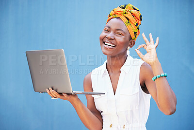 Buy stock photo Perfect hand, laptop and black woman with success, digital marketing review and support for web trading on blue background in studio. Happy, ok emoji sign and portrait of worker with pc for marketing